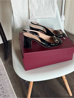 Gucci Black Patent Slingback Heels with Gold Horsebit